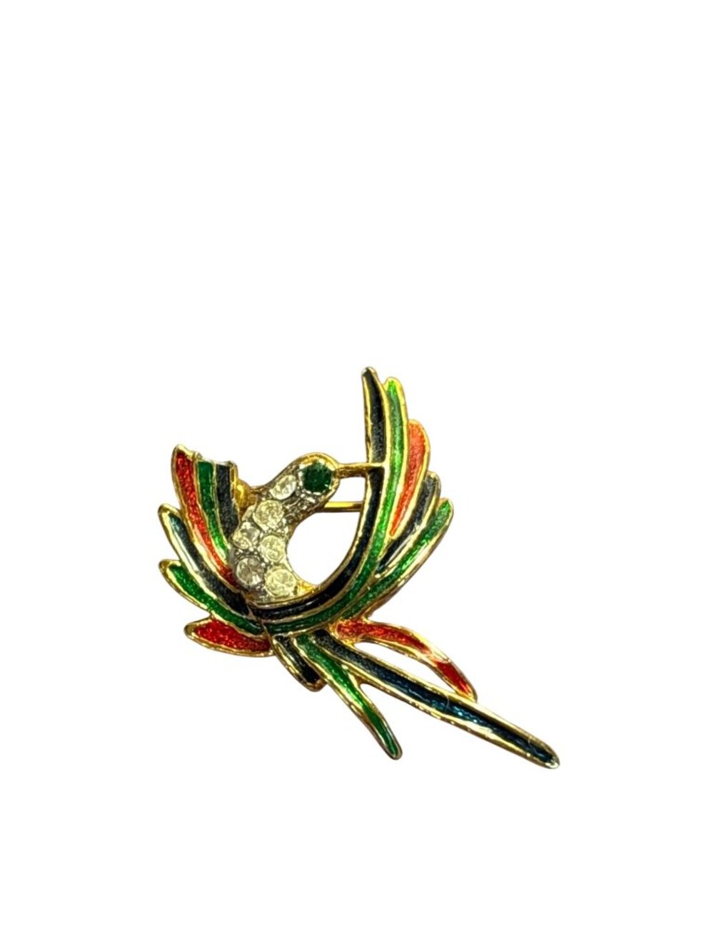 Vintage Goldtone Colorful Enamel Bird Brooch Pin Clear Rhinestones Green Eye
